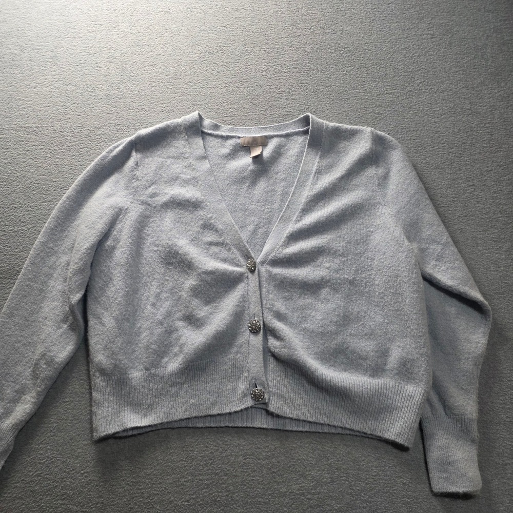 H&M Cardigan Sweater Womens XXL Light Blue Jeweled Buttons V Neck Knit Cozy